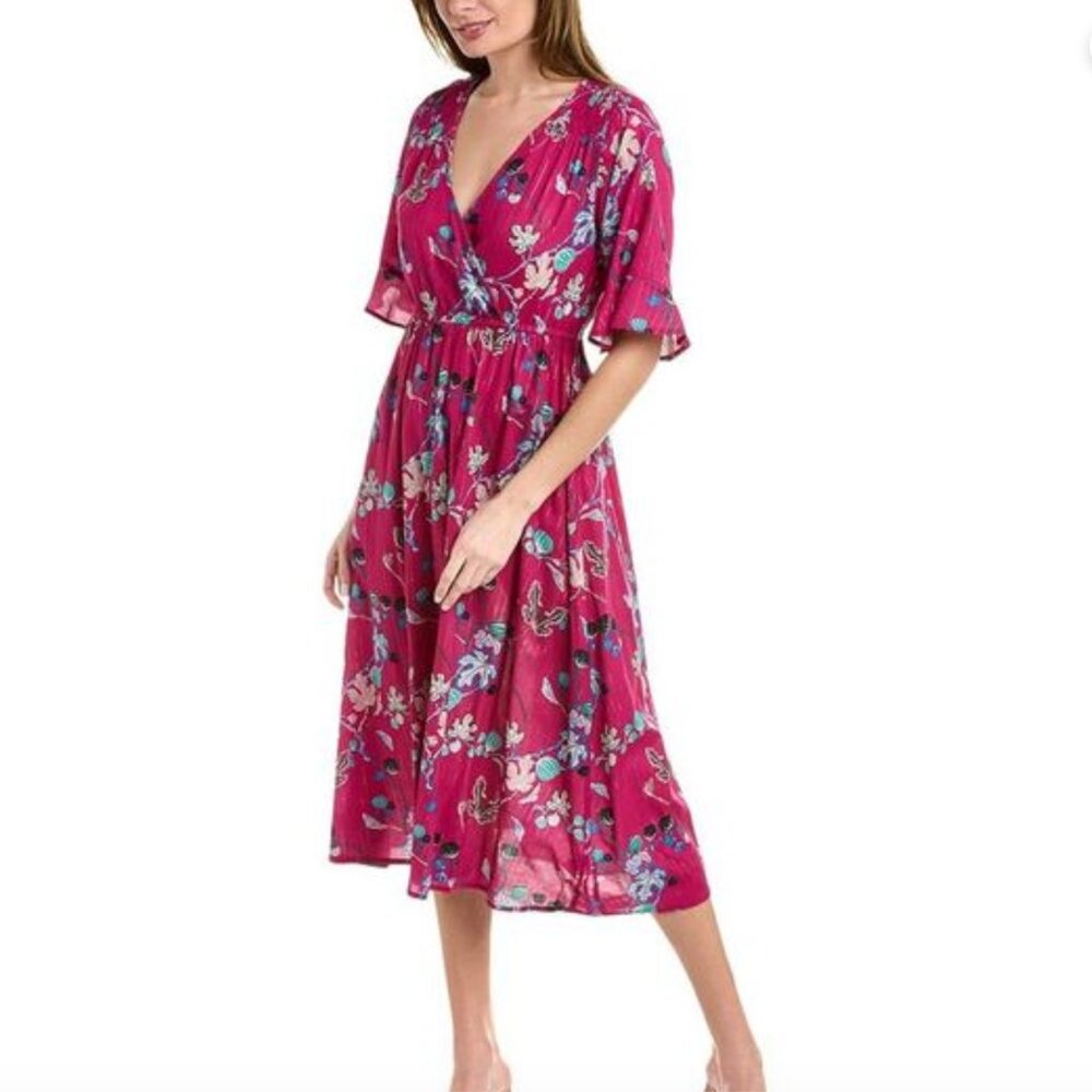 Anna Kay Ovida Floral Pink and metallic Midi Dress Size L Resort Boho Cocktail